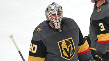 Vegas Golden Knights goaltender Robin Lehner (90) leaves the ice after the Golden Knights were defeated by the Vancouver Canucks 5-1 at T-Mobile Arena. Mandatory Credit: Stephen R. Sylvanie-USA TODAY Sports