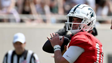 Auburn football Apr 15, 2023; East Lansing, MI, USA; Michigan State Spartans quarterback Payton Thorne (10) throws downfield at Spartan Stadium. Mandatory Credit: Dale Young-USA TODAY Sports
