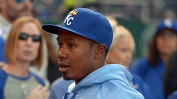 Apr 9, 2016; Kansas City, MO, USA; Kansas City Royals outfielder Terrance Gore (0) signs autographs for fans before the game against the Minnesota Twins at Kauffman Stadium. Mandatory Credit: Denny Medley-USA TODAY Sports
