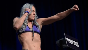 LAS VEGAS, NV - JULY 06: Jessica Eye poses on the scale during the UFC weigh-in at the Park Theater on July 6, 2017 in Las Vegas, Nevada. (Photo by Brandon Magnus/Zuffa LLC/Zuffa LLC via Getty Images)
