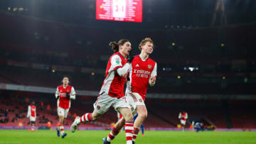 LONDON, ENGLAND - JANUARY 11: Marcelo Flores of Arsenal scores their 4th goal with Jack Henry-Francis during the Papa John's Trophy match between Arsenal U21 and Chelsea U21 at Emirates Stadium on January 11, 2022 in London, England. (Photo by Marc Atkins/Getty Images)