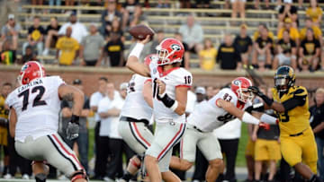 Sep 17, 2016; Columbia, MO, USA; Georgia Bulldogs quarterback Jacob Eason (10) throws the ball against the Missouri Tigers in the first half at Faurot Field. Mandatory Credit: John Rieger-USA TODAY Sports