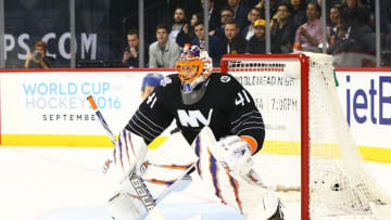 Mar 8, 2016; Brooklyn, NY, USA; New York Islanders goaltender Jaroslav Halak (41) defends his net against the Pittsburgh Penguins at Barclays Center. Mandatory Credit: Andy Marlin-USA TODAY Sports