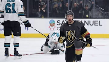 Colin Miller #6 of the Vegas Golden Knights celebrates after scoring a goal against the San Jose Sharks during the first period at T-Mobile Arena. (Photo by Christian Petersen/Getty Images)