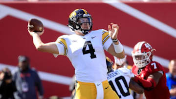 BLOOMINGTON, IN - OCTOBER 13: Nate Stanley #4 of the Iowa Hawkeyes throws the ball against the Indiana Hossiers at Memorial Stadium on October 13, 2018 in Bloomington, Indiana. (Photo by Andy Lyons/Getty Images)
