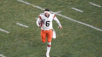 Jan 10, 2021; Pittsburgh, PA, USA; Cleveland Browns quarterback Baker Mayfield (6) runs off the field after the AFC Wild Card playoff game against the Pittsburgh Steelers at Heinz Field. Mandatory Credit: Philip G. Pavely-USA TODAY Sports