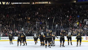 LAS VEGAS, NV - SEPTEMBER 30: Vegas Golden Knights players acknowledge the fans after defeating the San Jose Sharks during a preseason game at T-Mobile Arena on September 30, 2018 in Las Vegas, Nevada. (Photo by Jeff Bottari/NHLI via Getty Images)