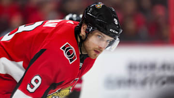 OTTAWA, ON - APRIL 06: Ottawa Senators Right Wing Bobby Ryan (9) prepares for a face-off during third period National Hockey League action between the Columbus Blue Jackets and Ottawa Senators on April 6, 2019, at Canadian Tire Centre in Ottawa, ON, Canada. (Photo by Richard A. Whittaker/Icon Sportswire via Getty Images)
