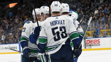 ST. LOUIS, MO - APRIL 06: The Canucks celebrate after tying the game with a goal in the third period during a NHL game between the Vancouver Canucks and the St. Louis Blues on April 06, 2019, at Enterprise Center, St. Louis, Mo. (Photo by Keith Gillett/Icon Sportswire via Getty Images)