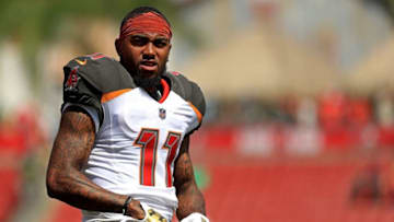 TAMPA, FL - SEPTEMBER 16: DeSean Jackson #11 of the Tampa Bay Buccaneers warms up during a game against the Philadelphia Eagles at Raymond James Stadium on September 16, 2018 in Tampa, Florida. (Photo by Mike Ehrmann/Getty Images)