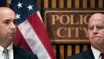 NEW YORK, NY - SEPTEMBER 18: (L to R) FBI Assistant Director in Charge of New York Bill Sweeney and New York City Police Commissioner James O'Neill pause during a press conference regarding Saturday night's explosion in the Chelsea neighborhood of Manhattan, at New York City Police headquarters, September 18, 2016 in New York City. The explosion, which went off in a construction dumpster and injured 29 people, is being labeled an 'intentional act'. A second device, a pressure cooker, was found four blocks away that an early investigation found was likely also a bomb. (Photo by Drew Angerer/Getty Images)