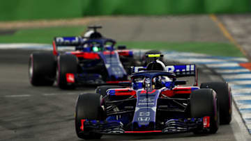 HOCKENHEIM, GERMANY - JULY 22: Pierre Gasly of France and Scuderia Toro Rosso driving the (10) Scuderia Toro Rosso STR13 Honda leads Brendon Hartley of New Zealand driving the (28) Scuderia Toro Rosso STR13 Honda (Photo by Dan Istitene/Getty Images)
