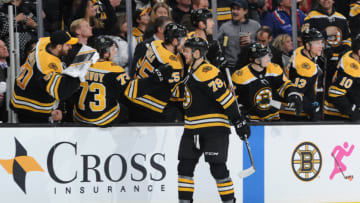 BOSTON, MA - JANUARY 21: Jeremy Lauzon #79 of the Boston Bruins celebrates his first period goal against the Vegas Golden Knights the TD Garden on January 21, 2020 in Boston, Massachusetts. (Photo by Steve Babineau/NHLI via Getty Images)
