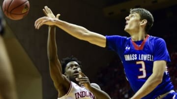 Nov 16, 2016; Bloomington, IN, USA; Massachusetts River Hawks forward Stefan Borovac (3) blocks the shot of Indiana Hoosiers forward OG Anunoby (3) during the first half of the game at Assembly Hall. Mandatory Credit: Marc Lebryk-USA TODAY Sports