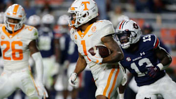 Nov 21, 2020; Auburn, Alabama, USA; Tennessee Volunteers receiver Velus Jones (1) carries against the Auburn Tigers during the third quarter at Jordan-Hare Stadium. Mandatory Credit: John Reed-USA TODAY Sports