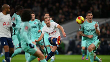 LONDON, ENGLAND - FEBRUARY 05: Harry Kane of Tottenham Hotspur scores their side's first goal during the Emirates FA Cup Fourth Round match between Tottenham Hotspur and Brighton & Hove Albion at Tottenham Hotspur Stadium on February 05, 2022 in London, England. (Photo by Mike Hewitt/Getty Images)