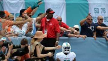 Sep 7, 2014; Miami Gardens, FL, USA; Miami Dolphins wide receiver Mike Wallace (11) reacts after an incomplete pass thrown during the first half against the New England Patriots at Sun Life Stadium. Mandatory Credit: Steve Mitchell-USA TODAY Sports