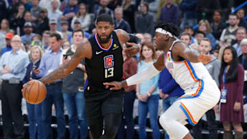 Paul George (13) dribbles the ball down vs. OKC Thunder guard Luguentz Dort (5) Alonzo Adams-USA TODAY Sports
