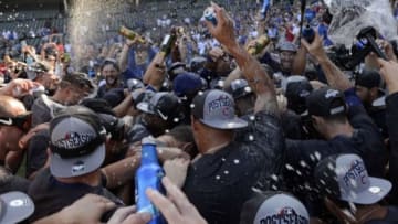 Sep 26, 2015; Chicago, IL, USA; Chicago Cubs players celebrate clinching their 2015 post season appearance after their game against the Pittsburgh Pirates at Wrigley Field. Mandatory Credit: Matt Marton-USA TODAY Sports