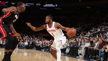 NEW YORK, NY - APRIL 6: Emmanuel Mudiay #1 of the New York Knicks handles the ball against the Miami Heat on April 6, 2018 at Madison Square Garden in New York City, New York. Copyright 2018 NBAE (Photo by Nathaniel S. Butler/NBAE via Getty Images)