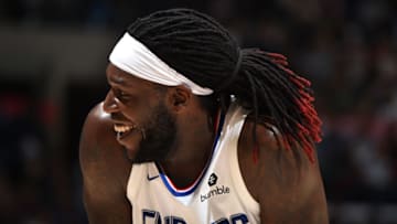 LOS ANGELES, CA - OCTOBER 10: Montrezl Harrell #5 of the LA Clippers smiles during the game against the Denver Nuggets during the preseaspn on October 10, 2019 at STAPLES Center in Los Angeles, California. NOTE TO USER: User expressly acknowledges and agrees that, by downloading and/or using this Photograph, user is consenting to the terms and conditions of the Getty Images License Agreement. Mandatory Copyright Notice: Copyright 2019 NBAE (Photo by Adam Pantozzi/NBAE via Getty Images)