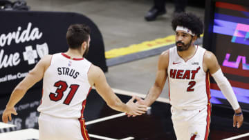Max Strus #31 and Gabe Vincent #2 of the Miami Heat celebrate against the Denver Nuggets (Photo by Michael Reaves/Getty Images)