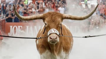 AUSTIN, TX - SEPTEMBER 22: Texas Longhorns mascot Bevo XV enters the stadium before the game against the TCU Horned Frogs at Darrell K Royal-Texas Memorial Stadium on September 22, 2018 in Austin, Texas. (Photo by Tim Warner/Getty Images)