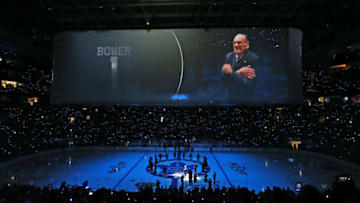 TORONTO, ON - OCTOBER 15: Retired Maple Leaf legend Johnny Bower watches as his #1 is formally retired and raised to the rafters prior to action between the Toronto Maple Leafs and the Boston Bruins in an NHL game on October 15, 2016 at the Air Canada Centre in Toronto, Ontario, Canada. The Leafs defeated the Bruins 4-1. (Photo by Claus Andersen/Getty Images)