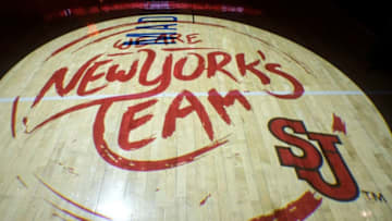 NEW YORK, NY - FEBRUARY 23: The St. John's Red Storm logo projected on the court at Madison Square Garden on February 23, 2019 in New York City. (Photo by Porter Binks/Getty Images)