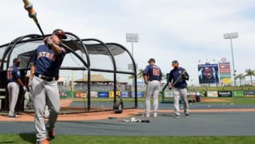 Mar 3, 2016; Clearwater, FL, USA; Houston Astros catcher Tyler Heineman (72) warms up before hitting in the batting cage before the spring training game against the Philadelphia Phillies at Bright House Field. Mandatory Credit: Jonathan Dyer-USA TODAY Sports