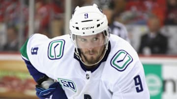 NEWARK, NEW JERSEY - OCTOBER 19: J.T. Miller #9 of the Vancouver Canucks skates against the New Jersey Devils at the Prudential Center on October 19, 2019 in Newark, New Jersey. (Photo by Bruce Bennett/Getty Images)
