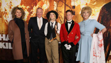 HOLLYWOOD, CALIFORNIA - OCTOBER 12: (L-R) Donna Langley, Chairman, Universal Filmed Entertainment Group, Anthony Michael Hall, Judy Greer, David Gordon Green and Jamie Lee Curtis attend the costume party premiere of "Halloween Kills" at TCL Chinese Theatre on October 12, 2021 in Hollywood, California. (Photo by Kevin Winter/Getty Images)