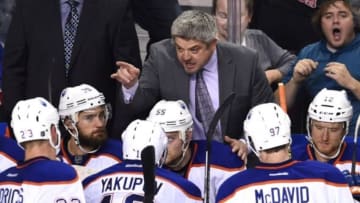 Oct 17, 2015; Calgary, Alberta, CAN; Edmonton Oilers head coach Todd McLellan speaks to his team during the game against the Calgary Flames at Scotiabank Saddledome. The Oilers won 5-2. Mandatory Credit: Candice Ward-USA TODAY Sports