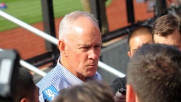 May 27, 2014; New York, NY, USA; New York Mets general manager Sandy Alderson talks to the media before a game against the Pittsburgh Pirates at Citi Field. Mandatory Credit: Brad Penner-USA TODAY Sports