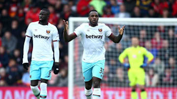BOURNEMOUTH, ENGLAND - MARCH 11: Michail Antonio of West Ham United celebrates scoring his sides first goal during the Premier League match between AFC Bournemouth and West Ham United at Vitality Stadium on March 11, 2017 in Bournemouth, England. (Photo by Jordan Mansfield/Getty Images)