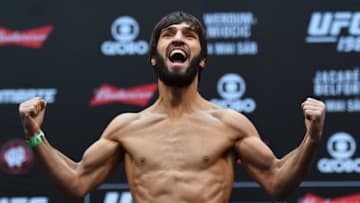 CURITIBA, BRAZIL - MAY 13: Zubaira Tukhugov of Russia steps on the scale during the UFC 198 weigh-in at Arena da Baixada stadium on May 13, 2016 in Curitiba, Parana, Brazil. (Photo by Josh Hedges/Zuffa LLC/Zuffa LLC via Getty Images)