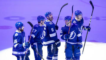 TAMPA, FL - JANUARY 19: Tampa Bay Lightening game winning celebration during the NHL Hockey match between the Tampa Bay Lightening and San Jose Sharks on January 19 at Amalie Arena in Tampa, FL. (Photo by Andrew Bershaw/Icon Sportswire via Getty Images)