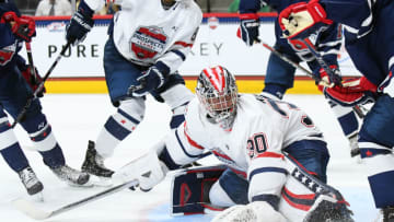 ST. PAUL, MN - SEPTEMBER 19: Team Langenbrunner goalie Spencer Knight (30) kicks the puck into the corner during the USA Hockey All-American Prospects Game between Team Leopold and Team Langenbrunner on September 19, 2018 at Xcel Energy Center in St. Paul, MN. Team Leopold defeated Team Langenbrunner 6-4.(Photo by Nick Wosika/Icon Sportswire via Getty Images)