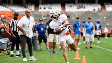 Florida Gators wide receiver Eugene Wilson III (21) makes a catch during fall football practice at Ben Hill Griffin Stadium at the University of Florida in Gainesville, FL on Saturday, August 5, 2023. [Matt Pendleton/Gainesville Sun]