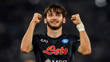 OLIMPICO STADIUM, ROMA, ITALY - 2022/09/03: Khvicha Kvaratskhelia of SSC Napoli celebrates after scoring the goal of 1-2 during the Serie A football match between SS Lazio and SSC Napoli. Napoli won 2-1 over Lazio. (Photo by Antonietta Baldassarre /Insidefoto/LightRocket via Getty Images)
