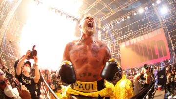 ATLANTA, GEORGIA - APRIL 17: Jake Paul celebrates after defeating Ben Askren in their cruiserweight bout during Triller Fight Club at Mercedes-Benz Stadium on April 17, 2021 in Atlanta, Georgia. (Photo by Al Bello/Getty Images for Triller)