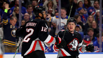 Mar 11, 2023; Buffalo, New York, USA; Buffalo Sabres left wing Jeff Skinner (53) celebrates his goal with left wing Jordan Greenway (12) during the second period against the New York Rangers at KeyBank Center. Mandatory Credit: Timothy T. Ludwig-USA TODAY Sports