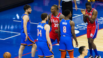 Philadelphia 76ers center Dwight Howard (39) reacts after a score vs. the OKC Thunder: Bill Streicher-USA TODAY Sports
