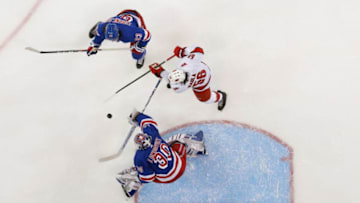 NEW YORK, NY - DECEMBER 27: Henrik Lundqvist #30 of the New York Rangers tends the net against the Carolina Hurricanes at Madison Square Garden on December 27, 2019 in New York City. (Photo by Jared Silber/NHLI via Getty Images)
