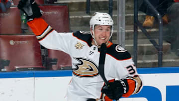 SUNRISE, FL - NOVEMBER 28: Nick Ritchie #37 of the Anaheim Ducks celebrates after scoring the game winning goal against the Florida Panthers at the BB&T Center on November 28, 2018 in Sunrise, Florida. The ducks defeated the Panthers 3-2. (Photo by Joel Auerbach/Icon Sportswire via Getty Images)