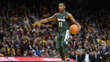 Dec 27, 2016; Minneapolis, MN, USA; Michigan State Spartans guard Lourawls Nairn Jr. (11) advances the ball against the Minnesota Golden Gophers during the first half at Williams Arena. Mandatory Credit: Jordan Johnson-USA TODAY Sports
