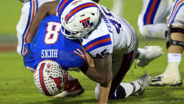 FRISCO, TX - DECEMBER 20: Jaylon Ferguson #45 of the Louisiana Tech Bulldogs sacks Ben Hicks #8 of the Southern Methodist Mustangs in the third quarter during the 2017 DXL Frisco Bowl on December 20, 2017 in Frisco, Texas. (Photo by Ronald Martinez/Getty Images)