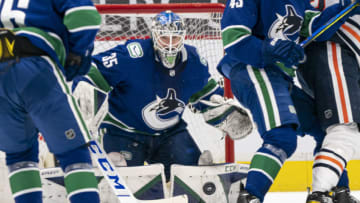 VANCOUVER, BC - MARCH 13: Goalie Thatcher Demko #35 of the Vancouver Canucks makes a save against the Edmonton Oilers during the second period of NHL action at Rogers Arena on March 13, 2021 in Vancouver, Canada. (Photo by Rich Lam/Getty Images)