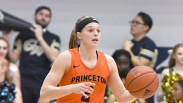WASHINGTON, DC - NOVEMBER 10: Carlie Littlefield #2 of the Princeton Tigers dribbles up court during a women's basketball game against the George Washington Colonials at the Smith Center on November 102019 in Washington, DC. (Photo by Mitchell Layton/Getty Images)