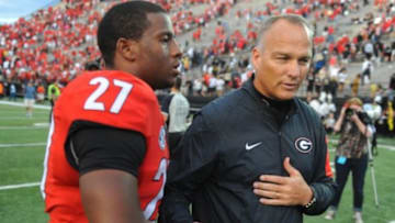 Sep 12, 2015; Nashville, TN, USA; Georgia Bulldogs running back Nick Chubb (27) talks with Georgia Bulldogs head coach Mark Richt after a win against the Vanderbilt Commodores at Vanderbilt Stadium. Georgia won 31-14. Mandatory Credit: Christopher Hanewinckel-USA TODAY Sports